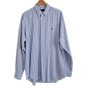 Ralph Lauren Men's Blue Orange Stripe Collared Cotton Pony Logo Shirt, 17 36/37